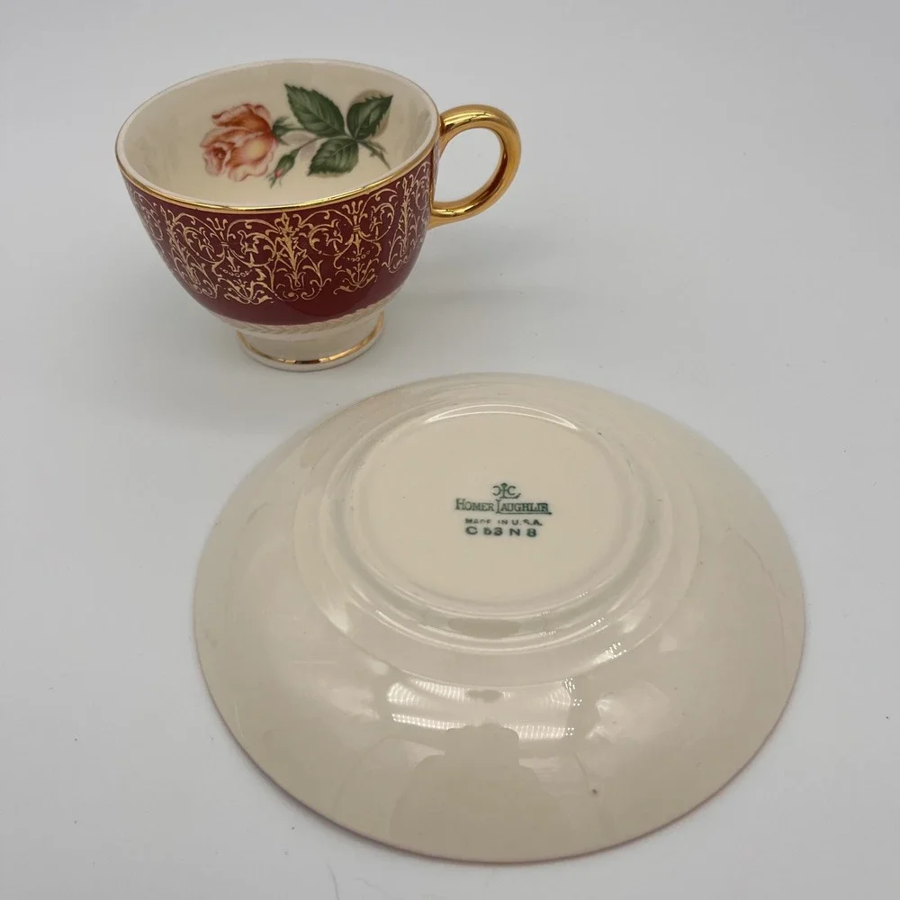Homer Laughlin Lady Stratford Tea Cup and Saucer Set Maroon Gold Rose 2 Piece